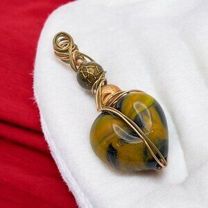 Handmade Heart Pendant with Copper Wiring Orange Black Swirl Stone Bead Accents